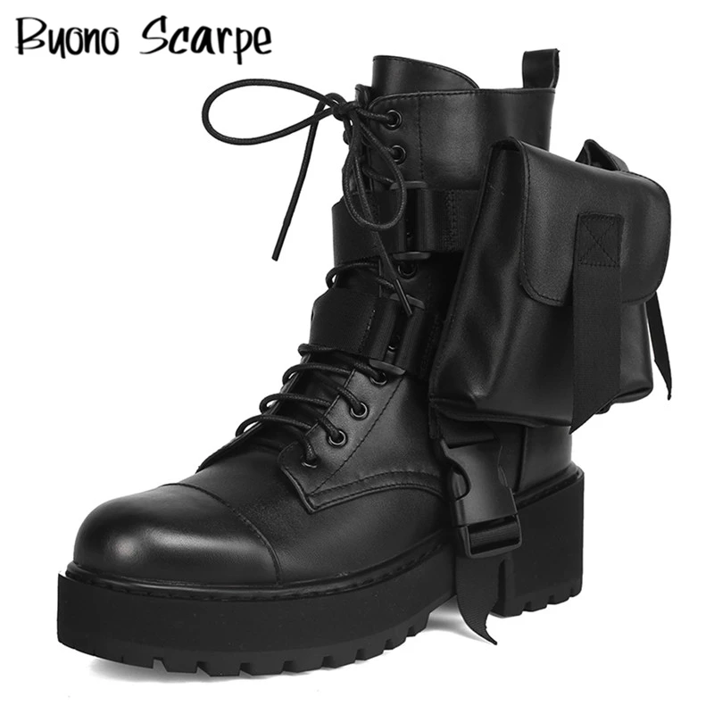 

Platform Women Pocket Boots Genuine Leather Belt Combat Ankle Boots Punk Style Black Cool Boots Casual Motorcycle Botas Mujer