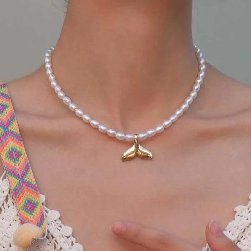 

Ins Simple Style Trend Imitation Pearl Beaded Necklace Elegant Temperament Whale Tail Pendant Necklace Jewelry Accessory Female