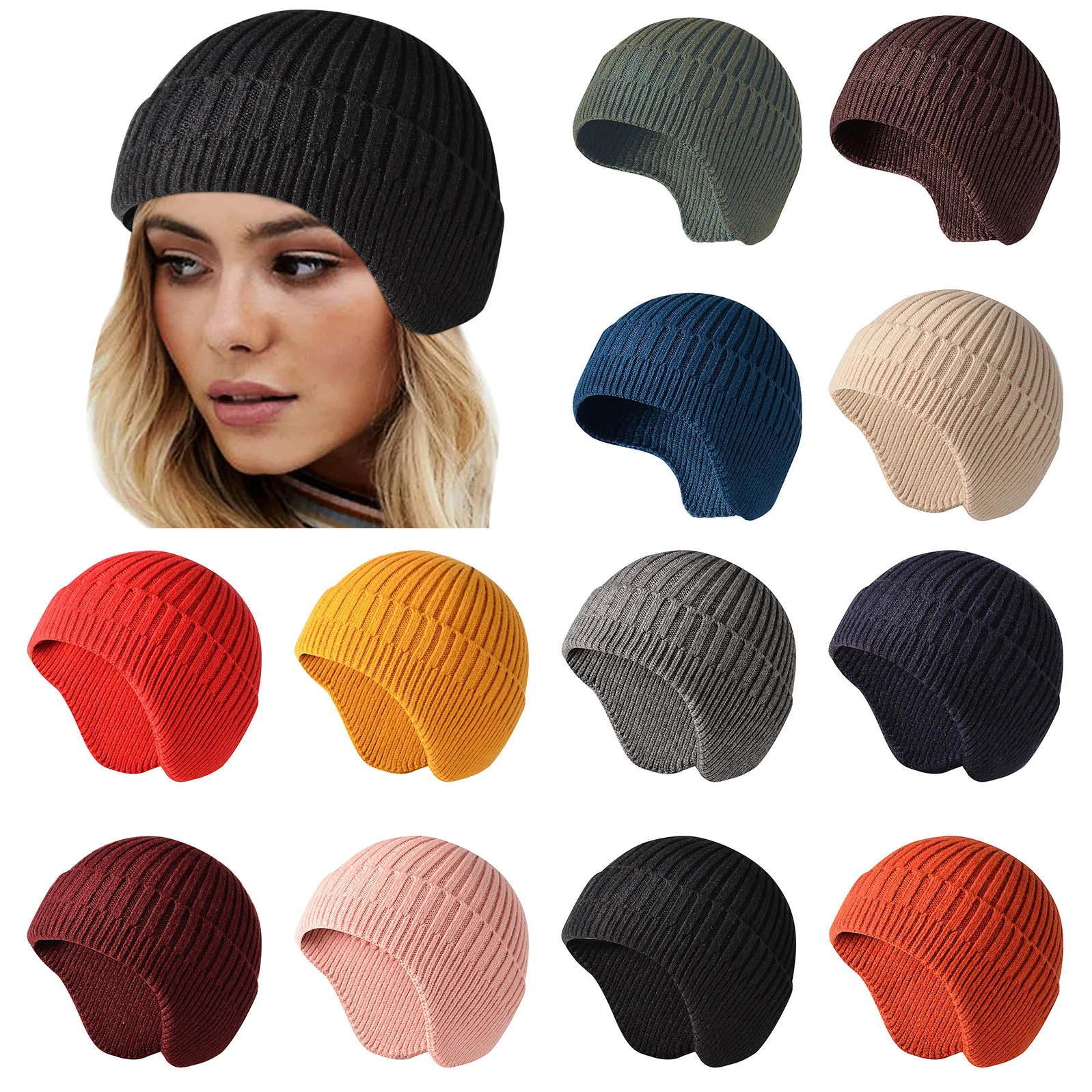 Womens Bomber Hats Female Casual Skullies Winter Knitted Beanie Earflap Hat Warm Knit Skull Cap Men Chapeau Femme | Аксессуары для
