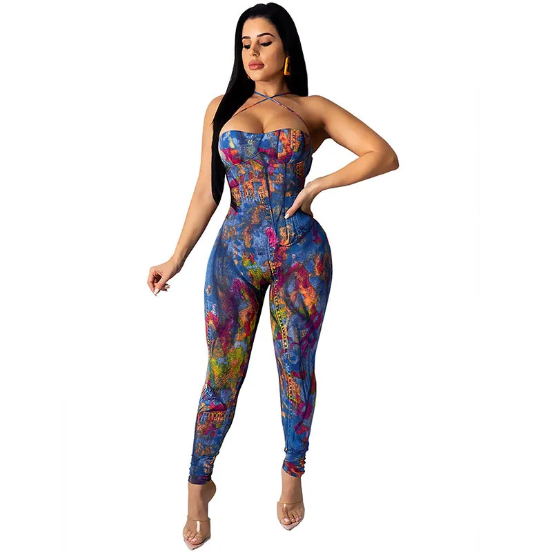 

Chic Tie Dye Print Denim Jumpsuits Womens Overalls Sexy Strapless Back Cross Skinny Night Club Party Jumpsuit Macacao Feminino