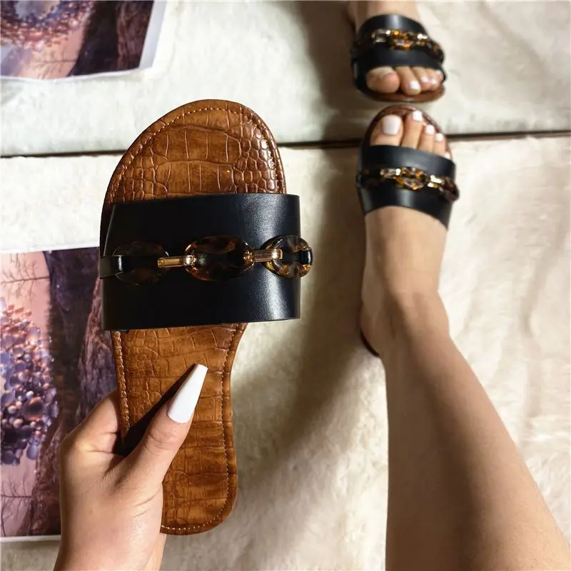 

Summer 2021 New Women's Flat Chain Slippers Large Size Round Head Soft-soled Slippers Sandals New Comfortable Flat Sandals