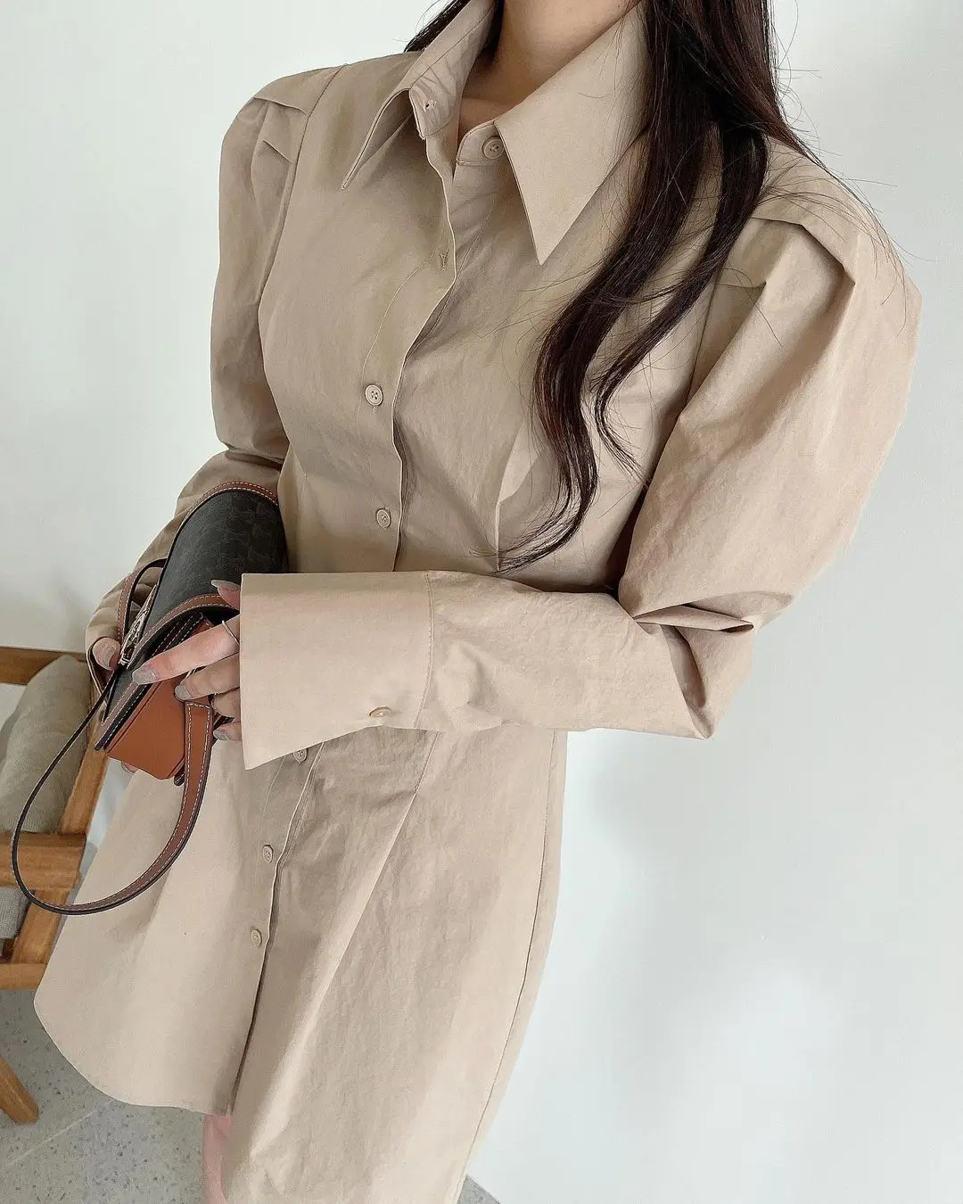 

Korean Chic Retro Western Style Youthful-Looking Puff Sleeve Design Sense Niche Sweet Mid-Length Temperament Shirt Dress