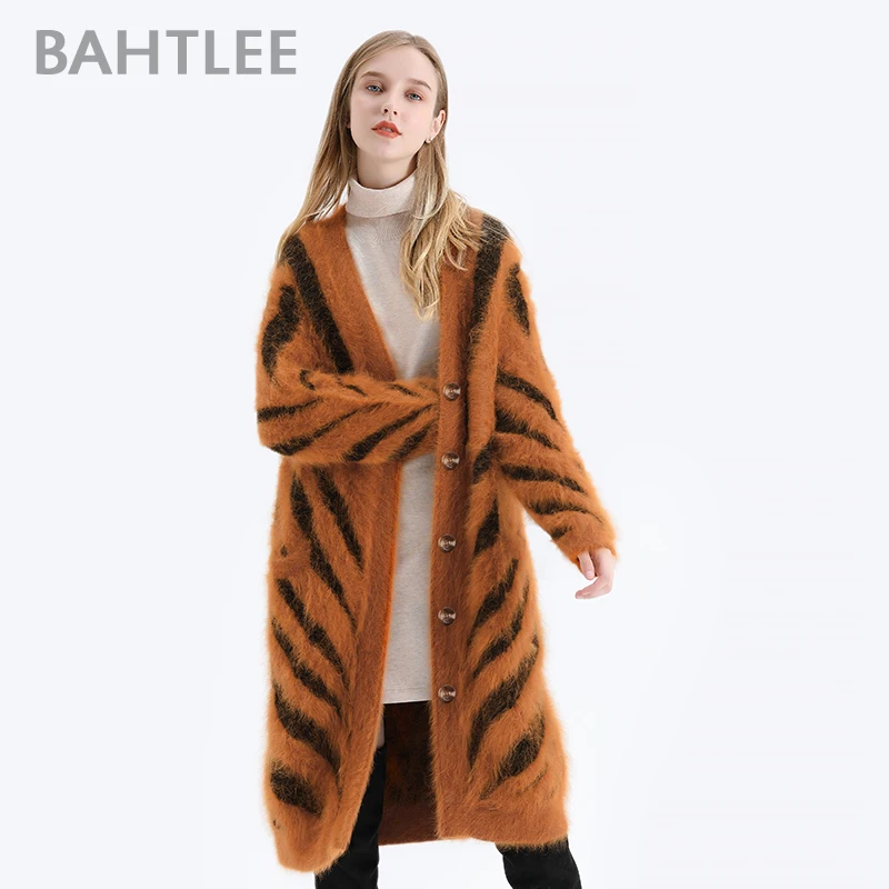 BAHTLEE зимние женские ангорские длинные кардиганы свитер Тигровая полоса