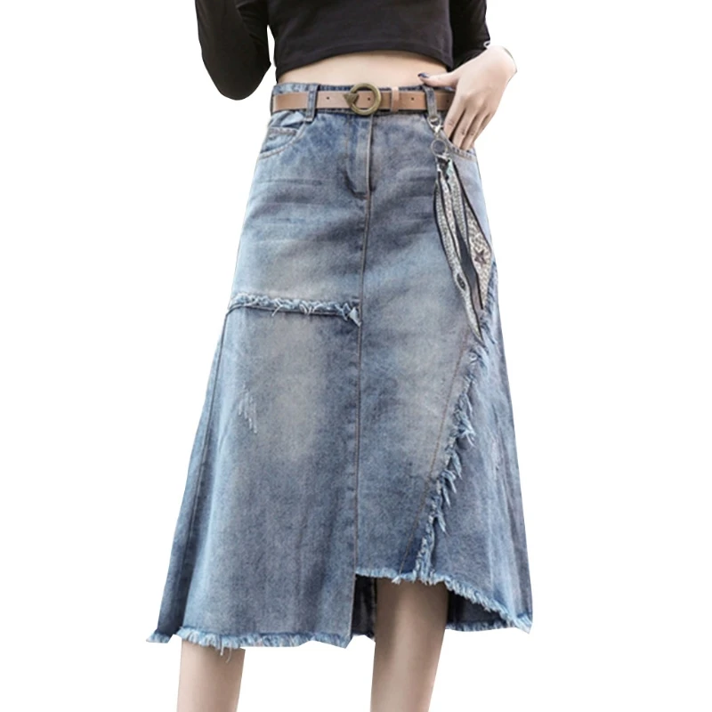 

Womens High Waist Fringe Frayed Midi Long Denim Jean Skirt Irregular Asymmetrical Hem A-Line Casual Loose Streetwear