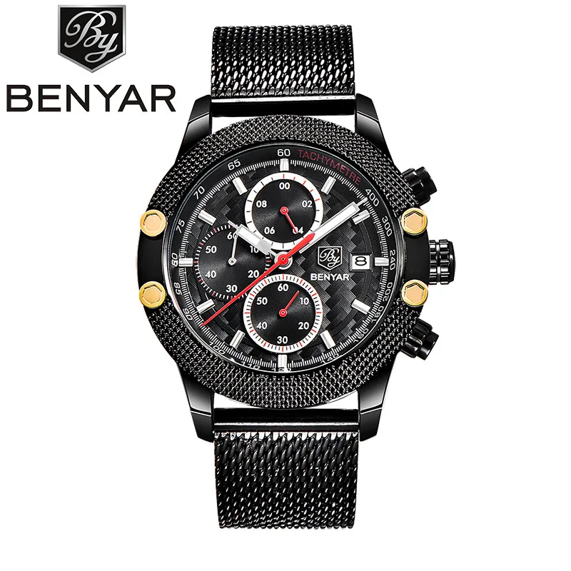 BENYAR спортивные часы с хронографом модные мужские сетчатым и резиновым ремешком