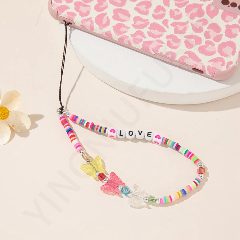 Rainbow Soft Pottery Acrylic Mobile Phone Lanyard Short Anti-lost Ladies Mobile Phone Chain Key Lanyard