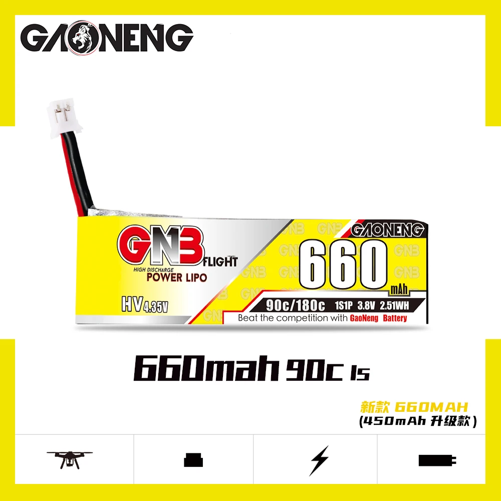 

Литий-полимерный аккумулятор Gaoneng GNB, 3,8 в, 660 мА · ч, 90C, 1S, для FPV, гоночного радиоуправляемого дрона, квадрокоптера, со штекером PH2.0, запасные ча...