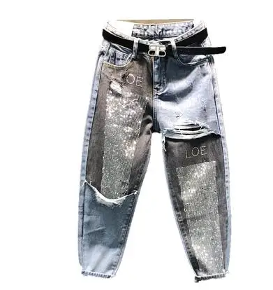Spring Autumn Fashion AB Face Hit Color Stitching Jeans Women Diamond Ankle Length High Waist Harem Pants J459 - Цвет: as photo