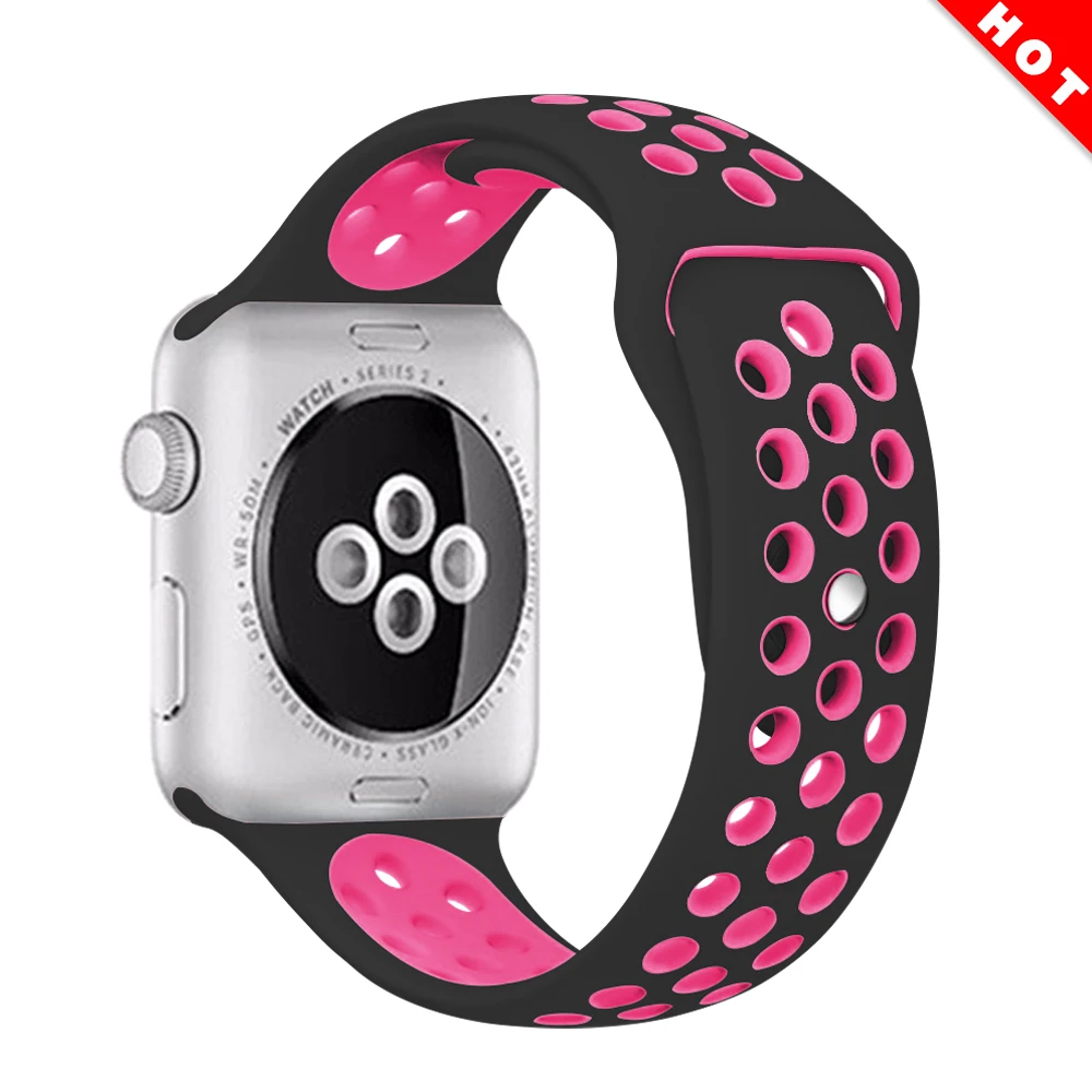 Black bright pink Эластичный дышащий силиконовый спортивный ремешок для apple watch 42 мм, 38 мм, Версия 44 мм 40 мм браслет на запястье, apple серии 5/4/3/2/1 Универсальный - Цвет ремешка: Black bright pink
