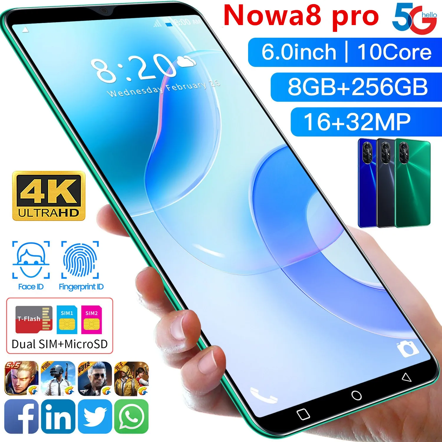 

Nowa 8 , 512GB ROM, Android 10,0, bandas 5G LTE, desbloqueo por huella dactilar, 6.0inch
