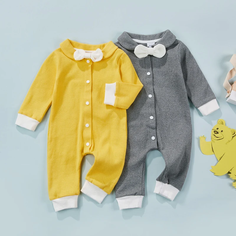 

Cute Infant Baby Boys Romper Long Sleeve Color Contrast Button Down Bowknot Long Pants Jumpsuit