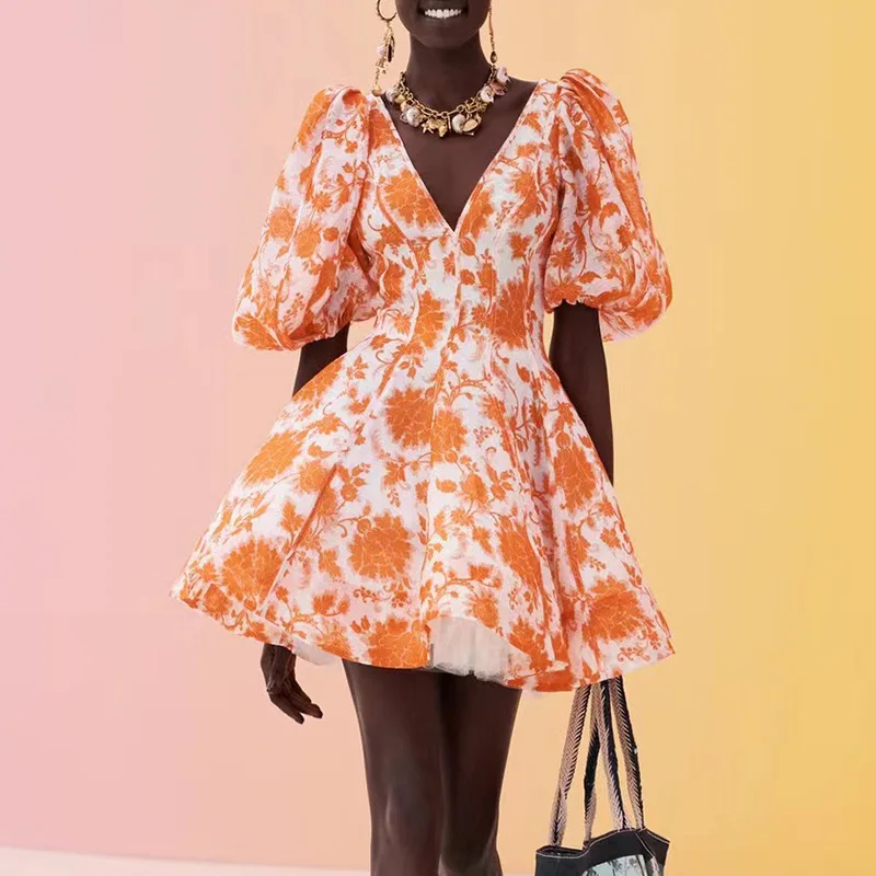 

HIGH QUALITY Newest 2021 Summer Fashion V-Neck Puff Sleeve High Waist Short Dress
