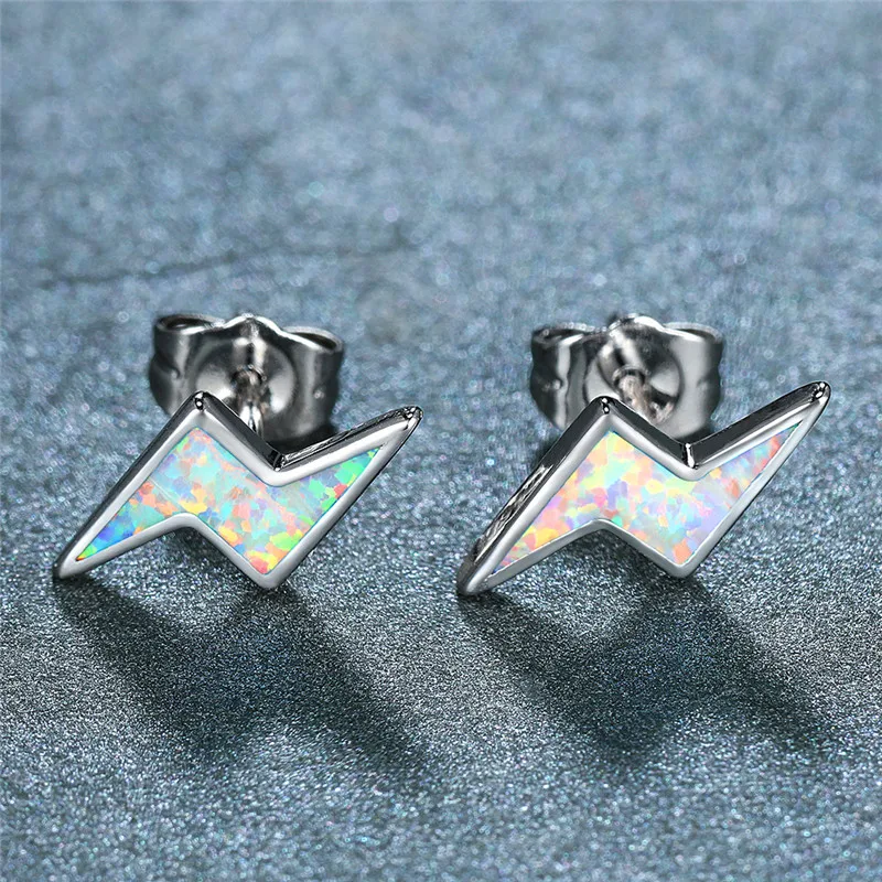 

Luxury White Blue Opal Stone Earrings Cute Lightning Small Stud Earrings Fashion Bridal Silver Color Wedding Earrings For Women