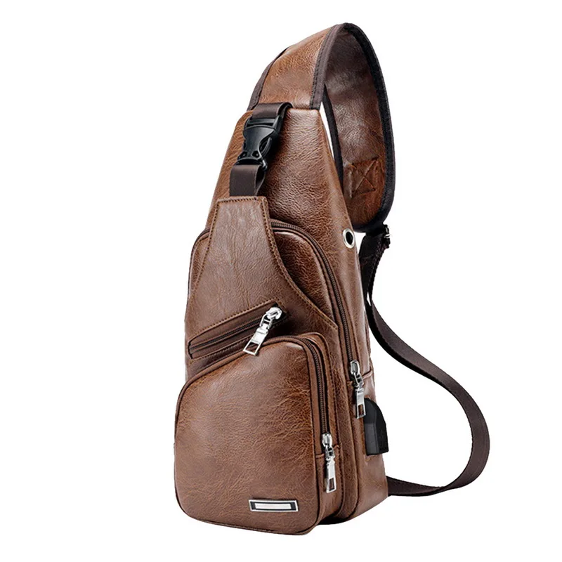 

Men's Crossbody Chest Bags Waist Bags Men's USB Charging Headphone Plug Leather Shoulder Bag Diagonal Package New 2020