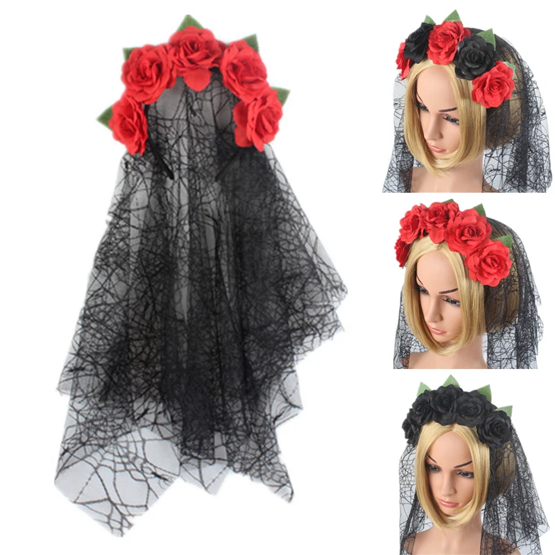 

Hair Band Dark Net Rose Flower Makeup Hair Accessories for Halloween Party FP8