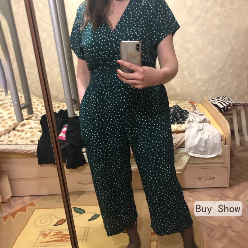 

Women Jumpsuits Rompers Summer Casual Print V-neck Pocket Overalls Jumpsuit Short Sleeve Wide Leg Loose Jumpsuit