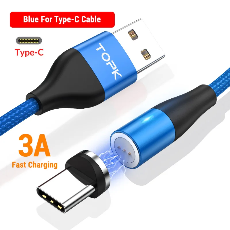 USB-C Cable (Blue) TOPK AM60 3A 3-го поколения, светодиодный кабель для быстрой зарядки, магнитный кабель Micro usb type C для iPhone 11X8 7, usb-кабель для зарядки и передачи данных - Цвет: USB-C Cable (Blue)