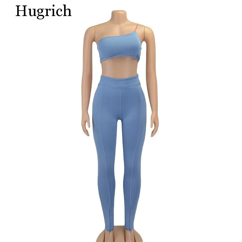 

White One Shoulder Bodycon Matching Sets Women Sporty Casual Skinn Two Piece Outfits Sleeveless Top And Side Slit Pants