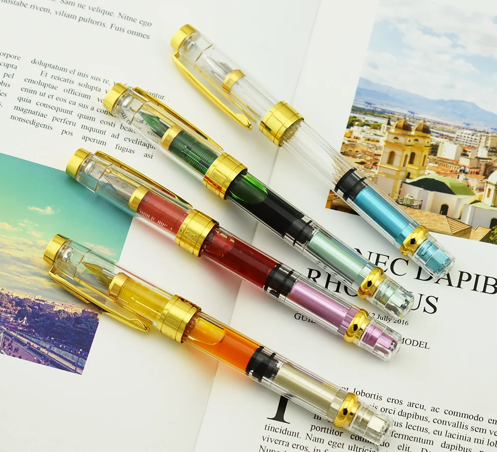 

4PCS Yongsheng 3008 Fountain Pen Piston Full Transparent EF/F Nib 0.38/0.5mm Golden Trim Ink Pen for Office Business School Home