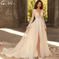 elegant long sleeve a line wedding dresses sexy slit sweep train wedding gown bridal gown off shoulder vestidos de novia