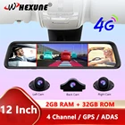 Видеорегистратор-зеркало заднего вида, 4G, 12 дюймов, GPS, Wi-Fi, ADAS, 4 канала