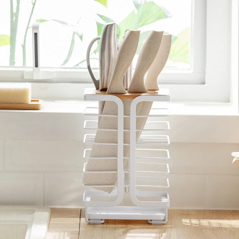 

Household Knife Holder with Drain Tray Professional Wrought Iron Countertop Hollow Storage Rack Organizer Kitchen Tools