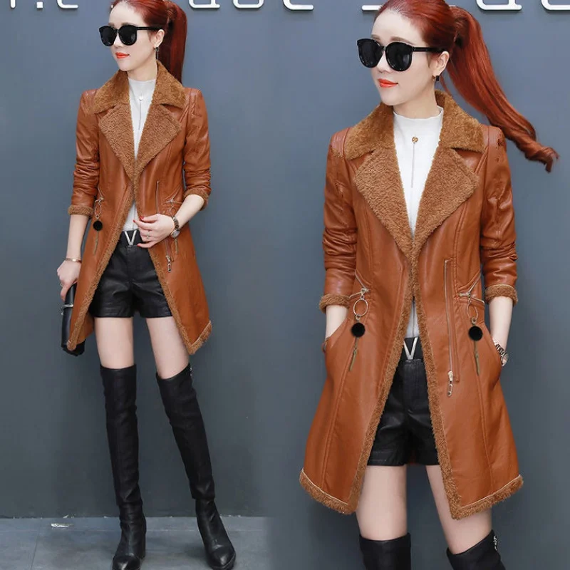 Новинка женский длинный тренчкот из кожи на осень и зиму теплое пальто