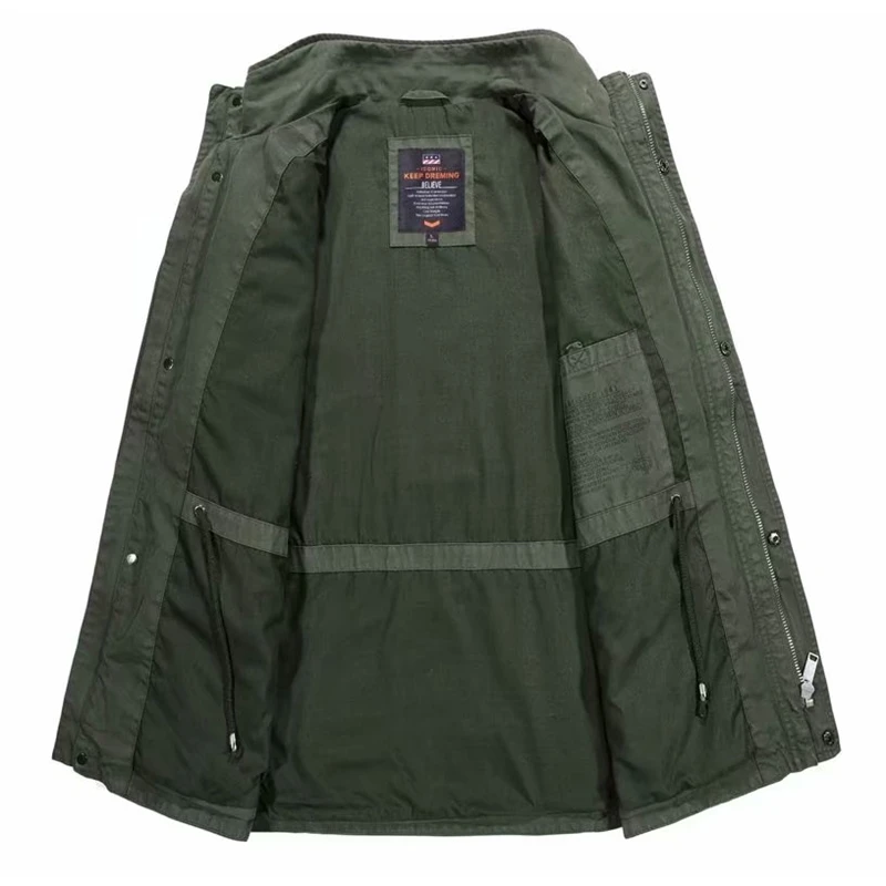 

Jackets Cotton Denim Men Long Stand Collar Multi-pocket Casual Coat Military Men's Windbreakers Jacket Plus Size XXXL 4XL