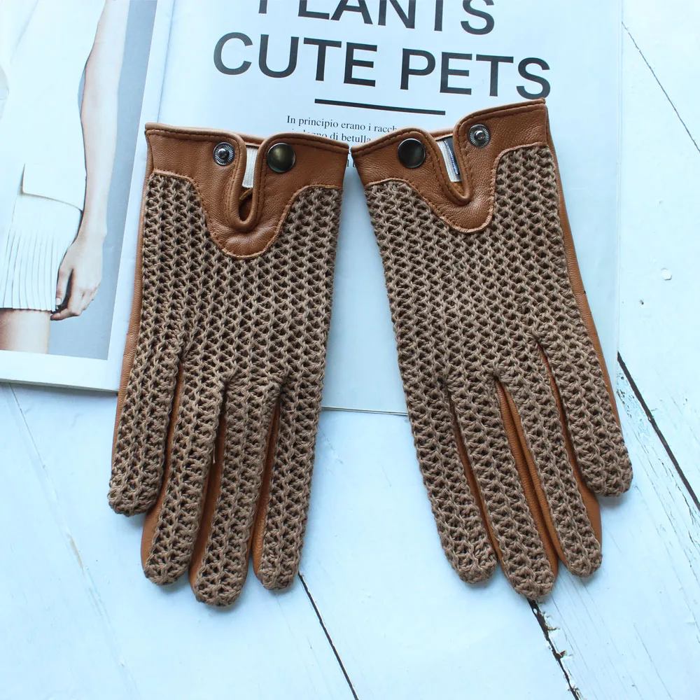 

New style leather Women's sheepskin gloves non-slip touch screen unlined knitted breathable driving riding motorcycle gloves