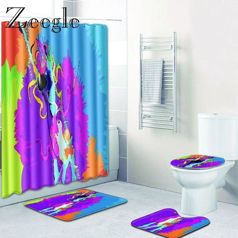 

Zeegle 4Pcs Bathroom Non Slip Rug Lid Toilet Cover Bath Mat Shower Curtain Shower Floor Mat Washable Absorbent Soft Shower Mats