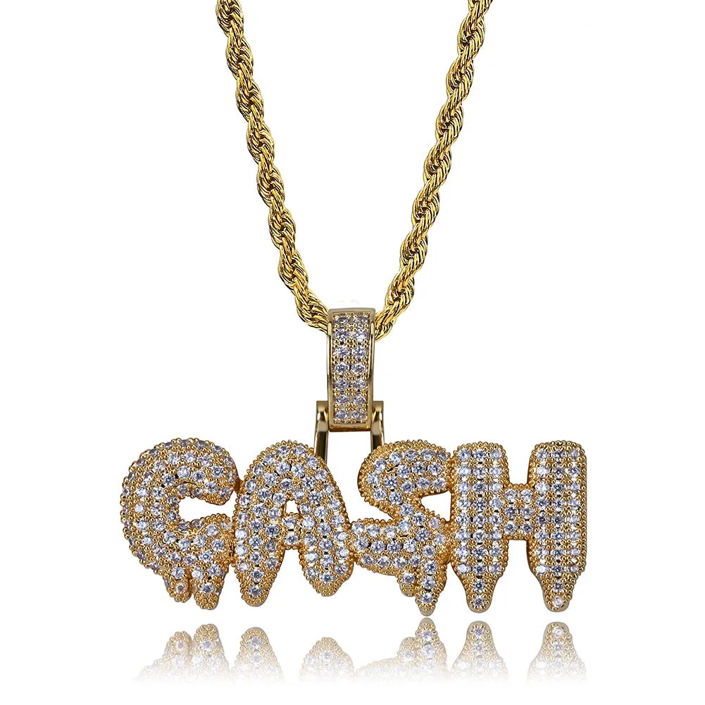 

GASH Letters Pendant & Necklace 18k Gold Plated Lab Diamond Iced Out Chain Bling Fashion Hip Hop Jewelry