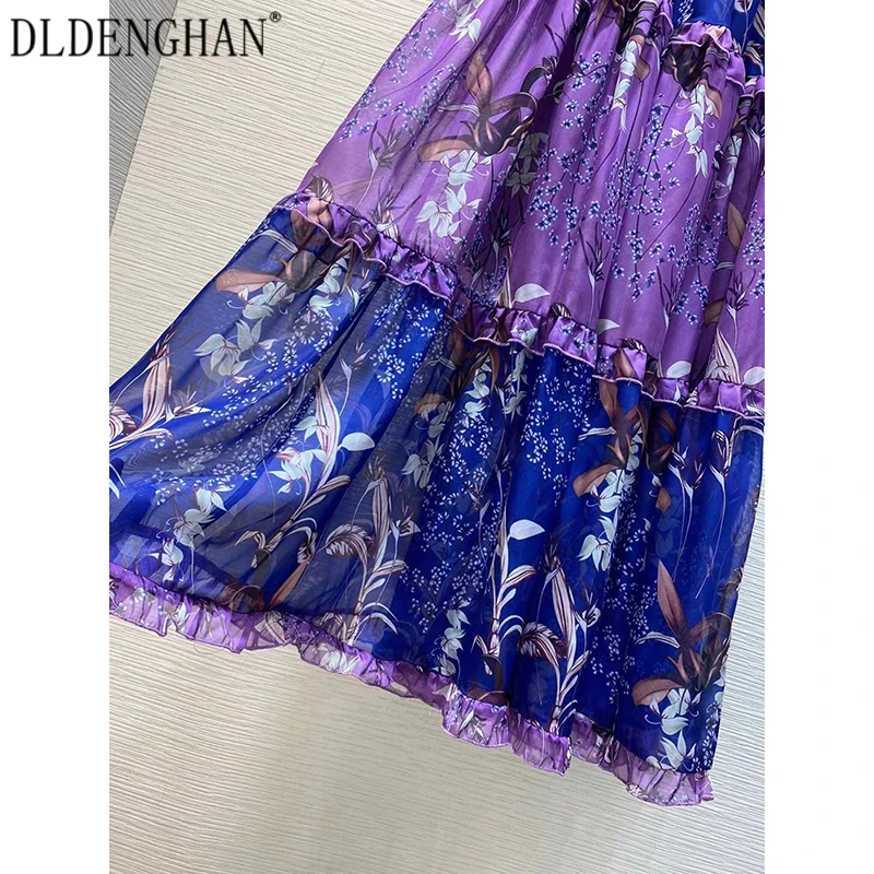 

DLDENGHAN Bohemian Flower Print Summer Chiffon Dress For Women V-Neck Sleeveless Elastic Waist Prom Dresses Fashion New
