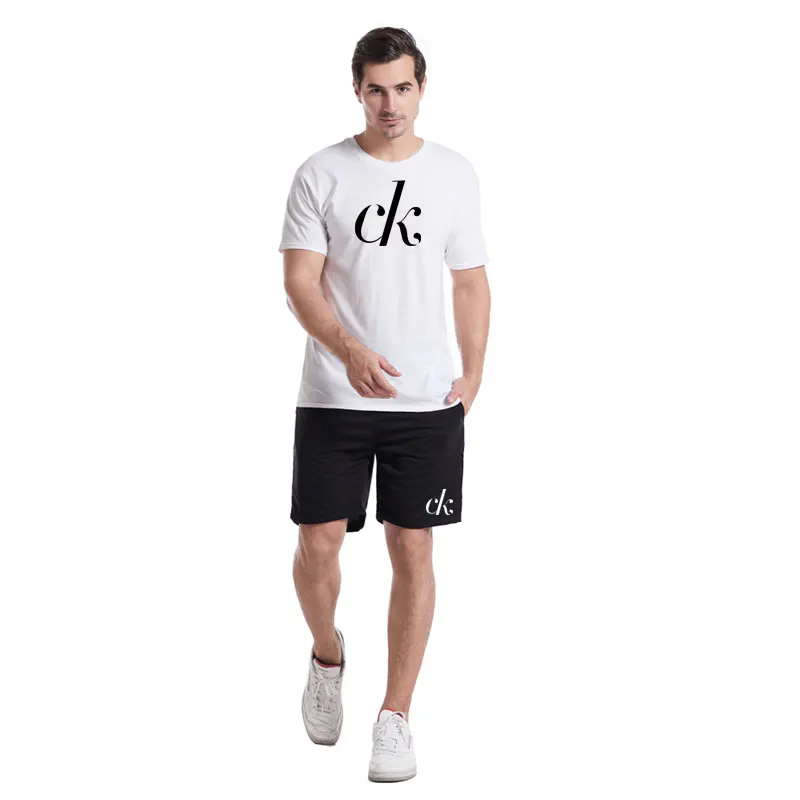 

New Summer Men's Short-sleeved T-shirt Suit Men's Pure Cotton T-shirt Solid Color Printing Bottoming Shirt Short Sleeve + Shorts