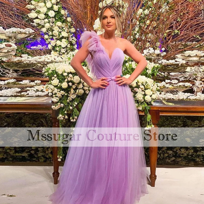 

2021 Charming Purple Evening Dresses One Shoulder Tulle Pleating Celebrity Dress Robe De Soirée Femme