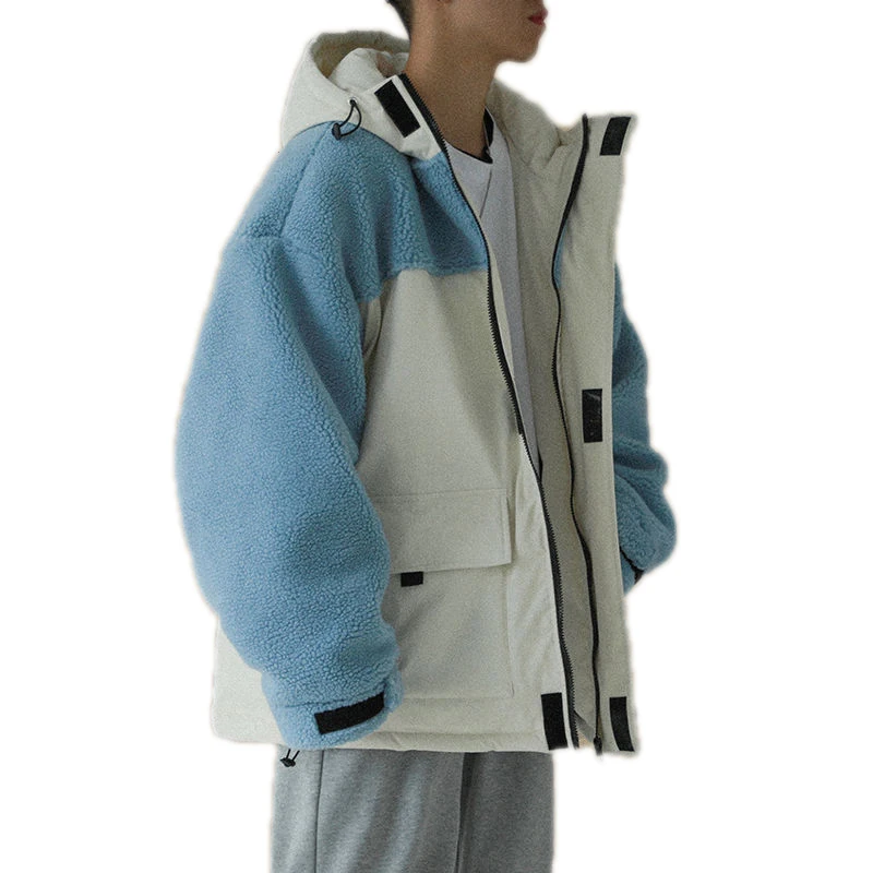 

Lamb Wool Bear Stitching Jacket Men's Hooded Thicken Warm Large Pockets Cargo Loose Jackets Male Winter Coat Clothes Casual