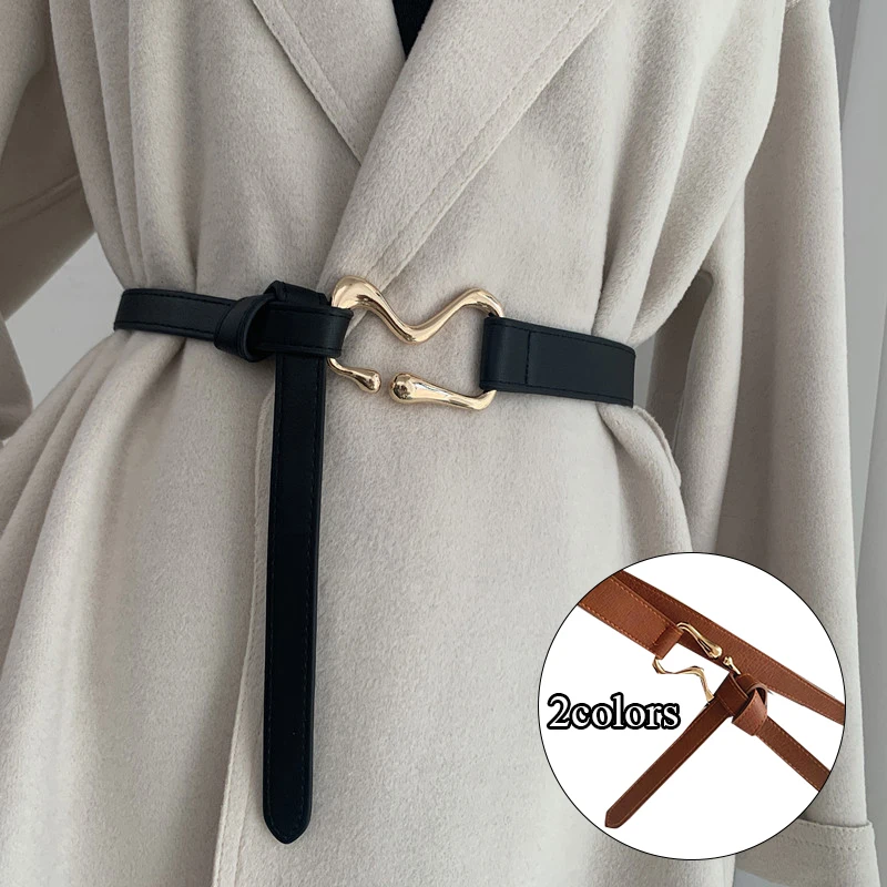 

Fashion Leather Women Belt High Quality Designer Metal Buckle Knotted Belt Waist Strap Dress Coat Sweater Decorative Waistband