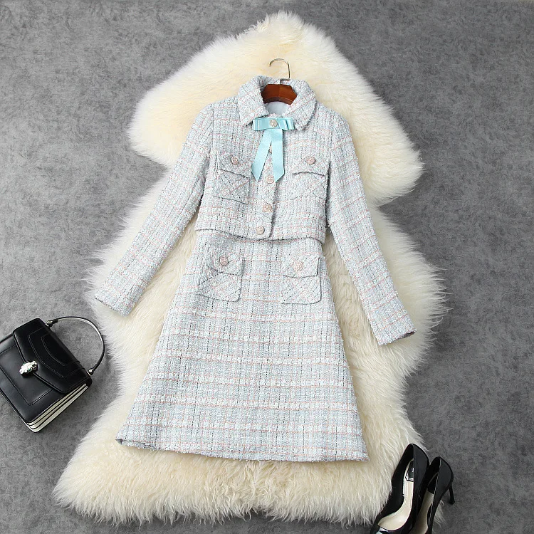 

European and American women's wear 2020 winter new style Long - sleeved single - breasted jacket Tank dress tweed two-piece