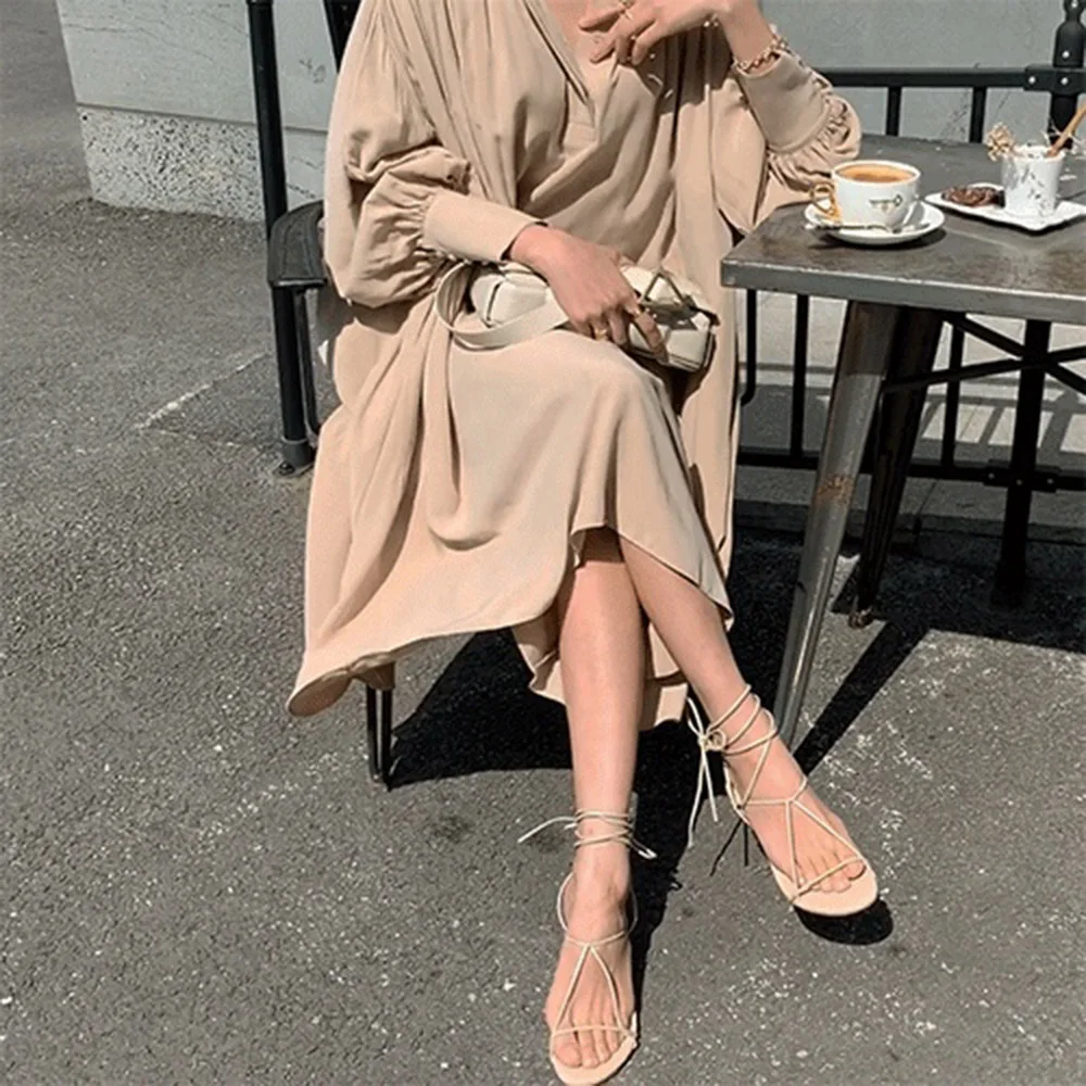 Женское свободное платье в японском стиле повседневное однотонное с