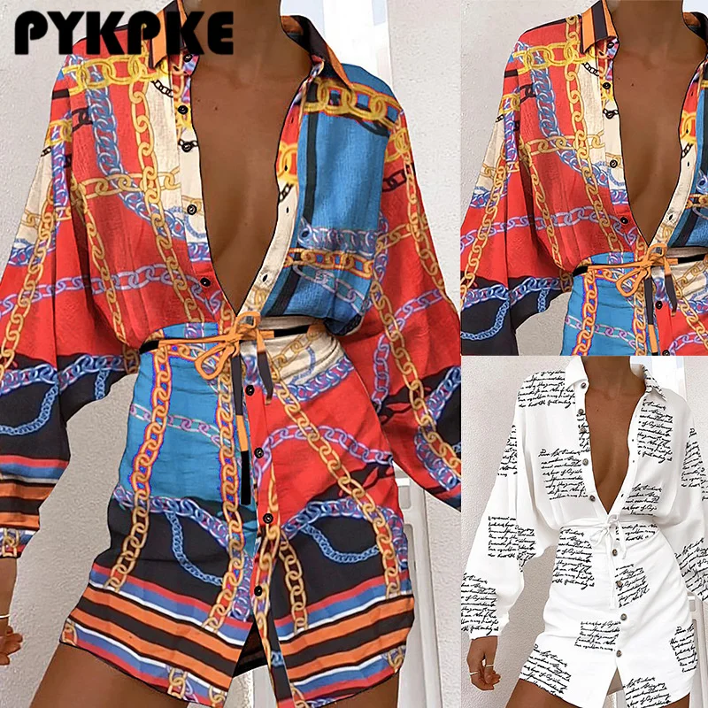 

Women Mini Dress Autumn Printed Long Sleeve Sexy Cardigan Single Breasted Belt Dresses