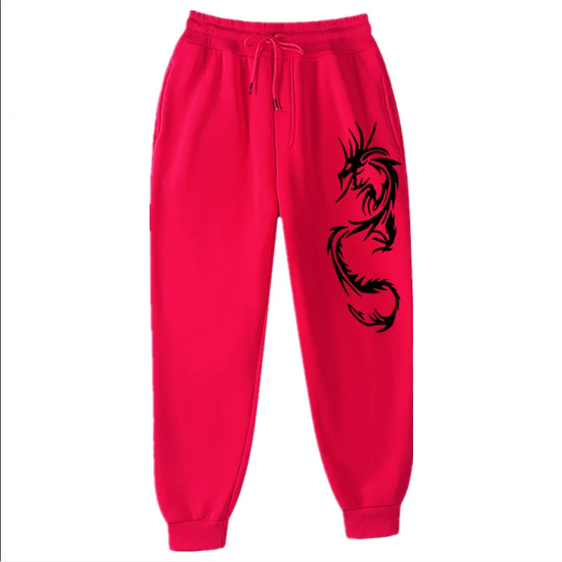 Chinese Style Dragon Print Long Pants Men Women Red High Waist Pocket Trousers Streetwear Women Autumn Winter Joggers Sweatpants