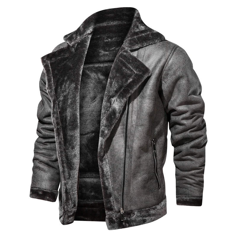 

Мужская куртка из искусственной кожи, зимняя мотоциклетная куртка, мотоциклетная кожаная куртка, теплая, бархатная, толстая, ретро, винтажн...