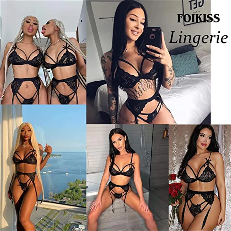 

New Women Three Piece Babydoll Lingerie Set Sexy Sheer Lace Bra and Low Waist Panty with Garter Exotic Set