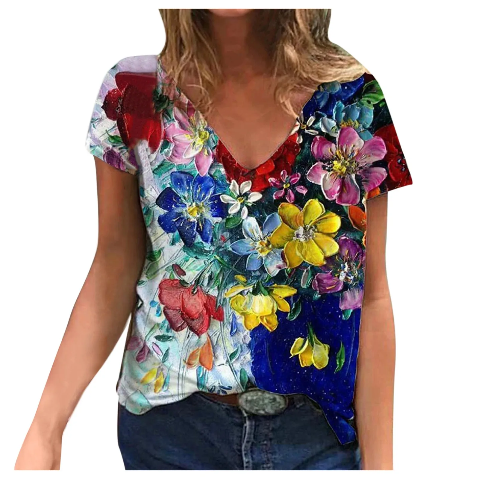 

Women Floral Landscape Print V-neck Short-sleeved Top T-shirt Tie Dye 3d Floral Print Women Casual Short Sleeve Loose 2021