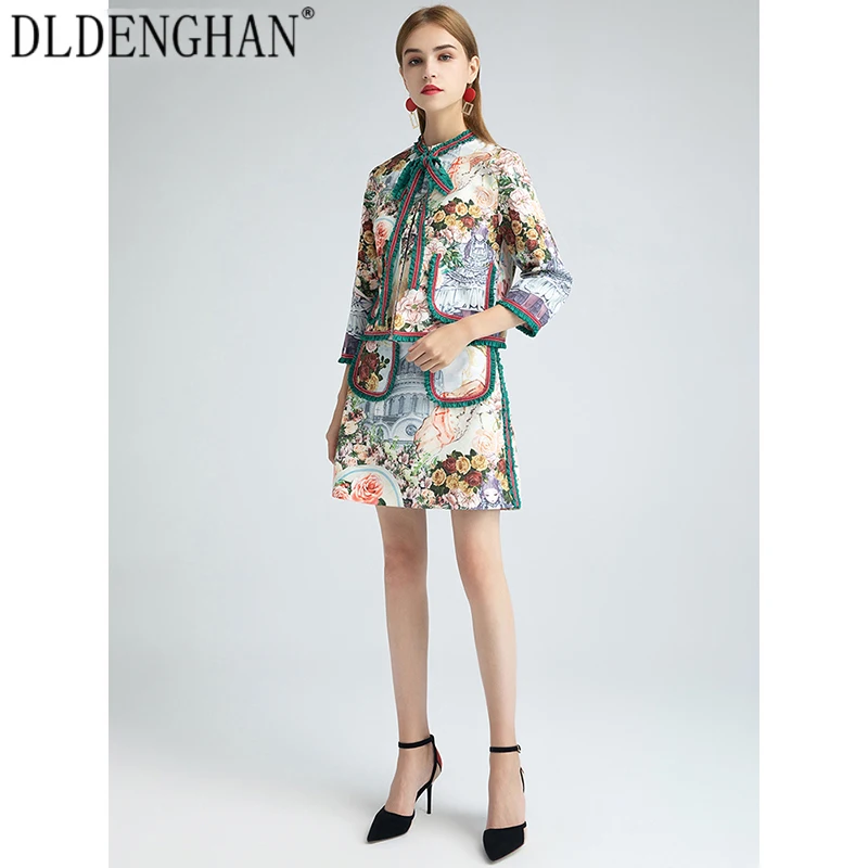 

DLDENGHAN Fashion Floral Print set Women'sBow O-Neck Coat Tops + High Waist A-Line Skirt Two-Piece Sets Designer Autumn New