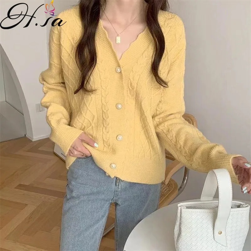 

HSAloose вязаный кардиган свитер для женщин с v-образным вырезом свободное корейское фиолетовое пальто 2021 осень новый длинный рукав Twsited желтый ...