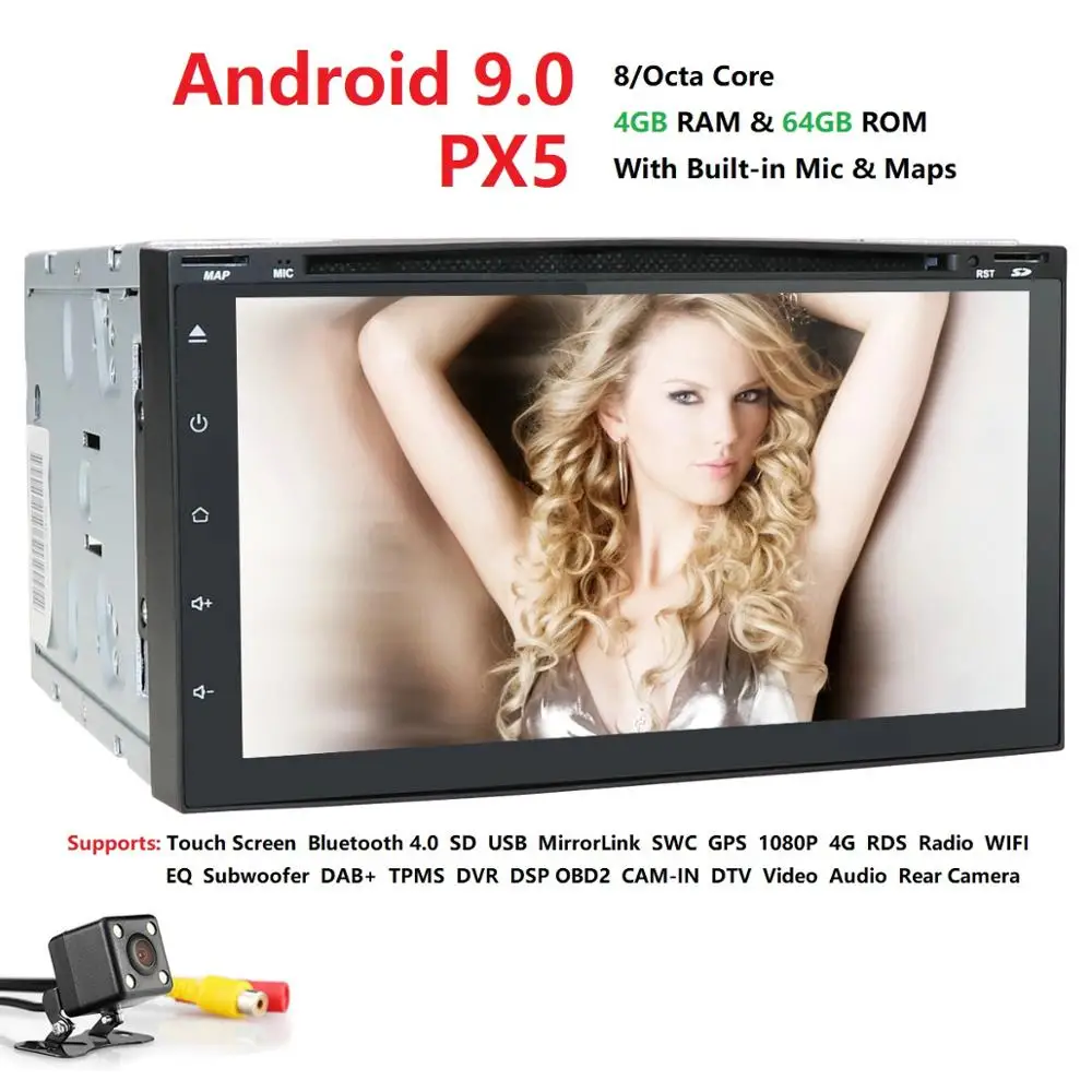 HD 800*480 экран OctaCore 4G RAM + 64G ROM 2DIN Универсальное автомобильное радио gps Android9.0 с wifi