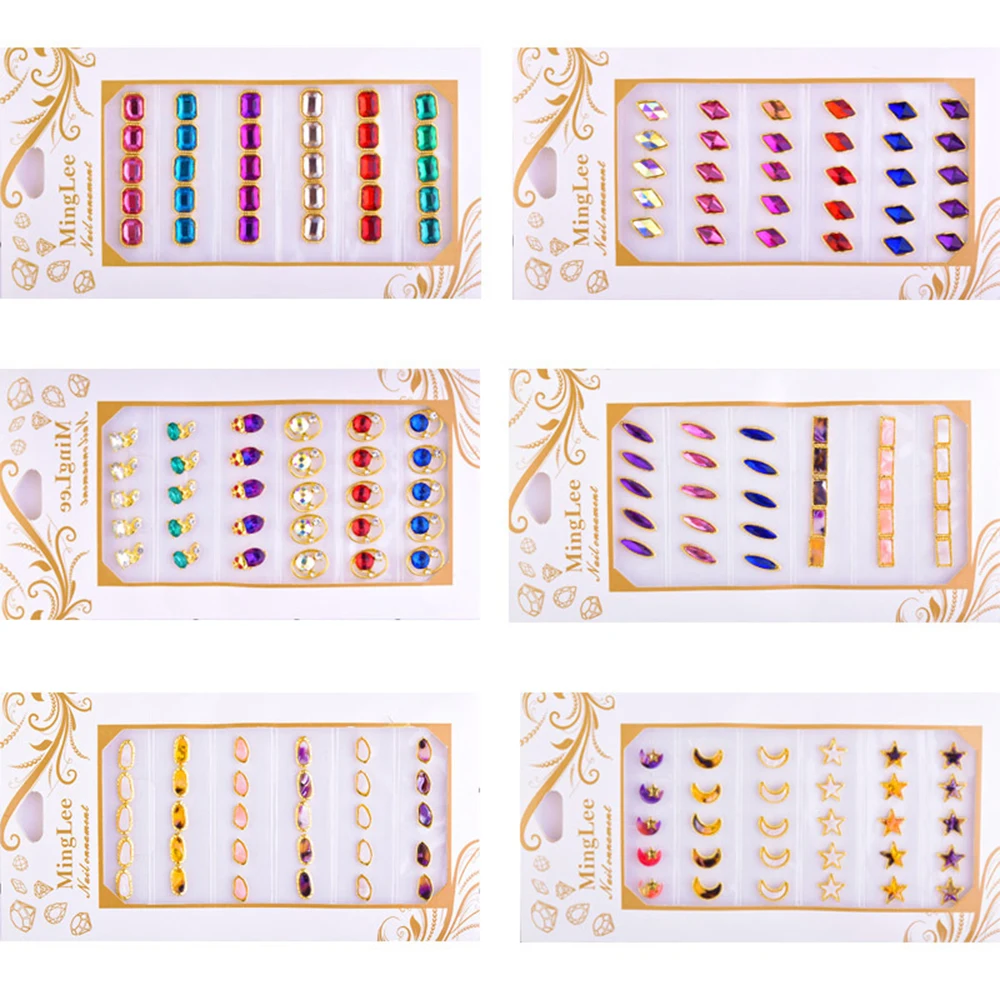 

30pcs/pack Glitter Glass Charm Moon Star Heart Geometric Nail Crystal Jewelry Press On Nail 3D Alloy Rhinestone Nail Art Jewelry