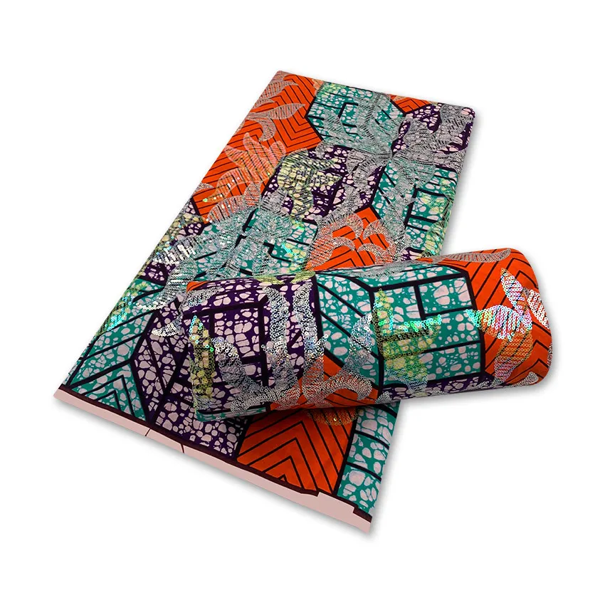

wholesale African sequin wax prints fabric Sequins Embroidery Ankara cotton fabric 6 yards for dress H211122
