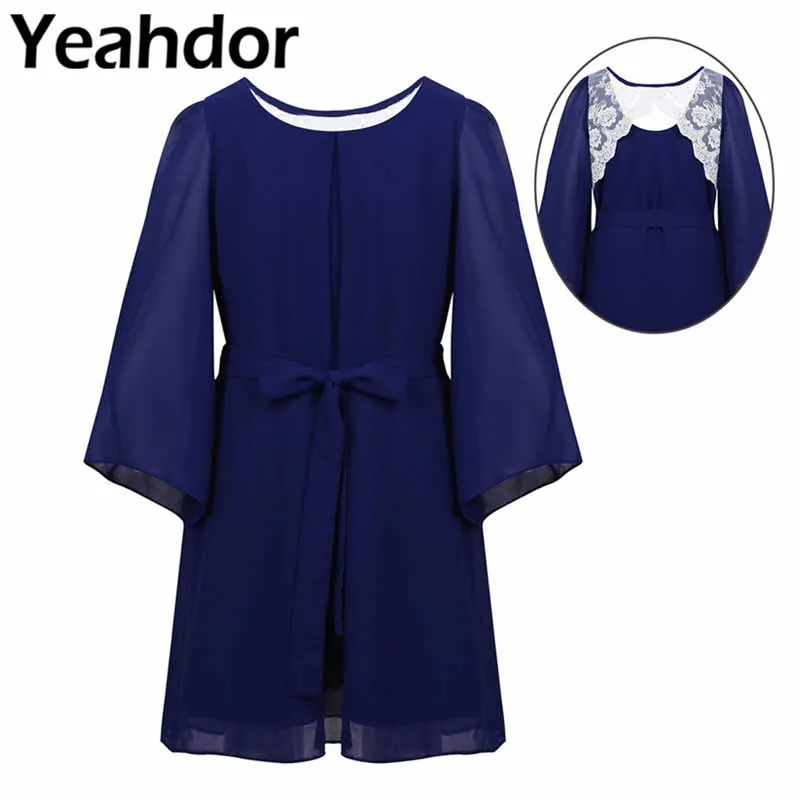 Длинный рукав колокол для больших девочек шифоновое кружевное платье с открытой