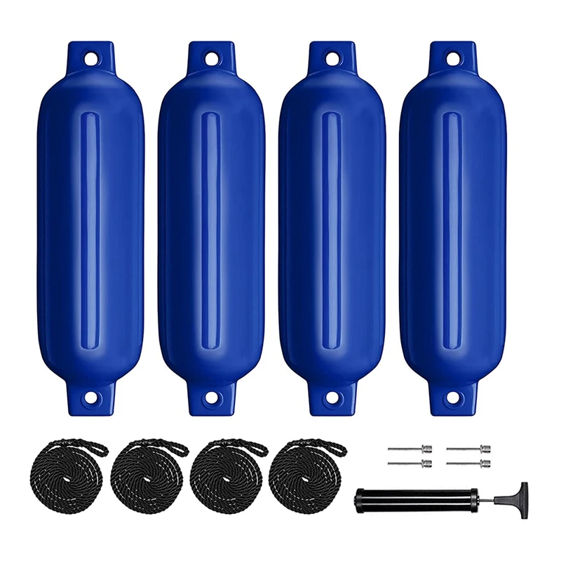 

Boat Fenders 4 Pack 4.5 X 16 Inch Inflatable Ribbed Marine Boat Fender with Fender Lines 6.5 Ft Needles and Pump